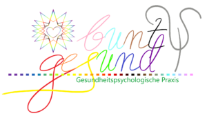 Das Logo der Praxis bunt gesund mit dem geschwungenen Schriftzug "bunt" und darunter "gesund". Jeder Buchstabe in einer anderen Farbe der Regenbogenflagge. Rechts daneben das griechische Psi in Grau und geschwungen. Links oben ein Stern mit buntem Farbverlauf. Unter dem Schriftzug "gesund" eine gestrichelte Linie mit Farbverlauf des Farbspektrums. Darunter in kleineren Buchstaben der Schriftzug "Gesundheitspsychologische Praxis"