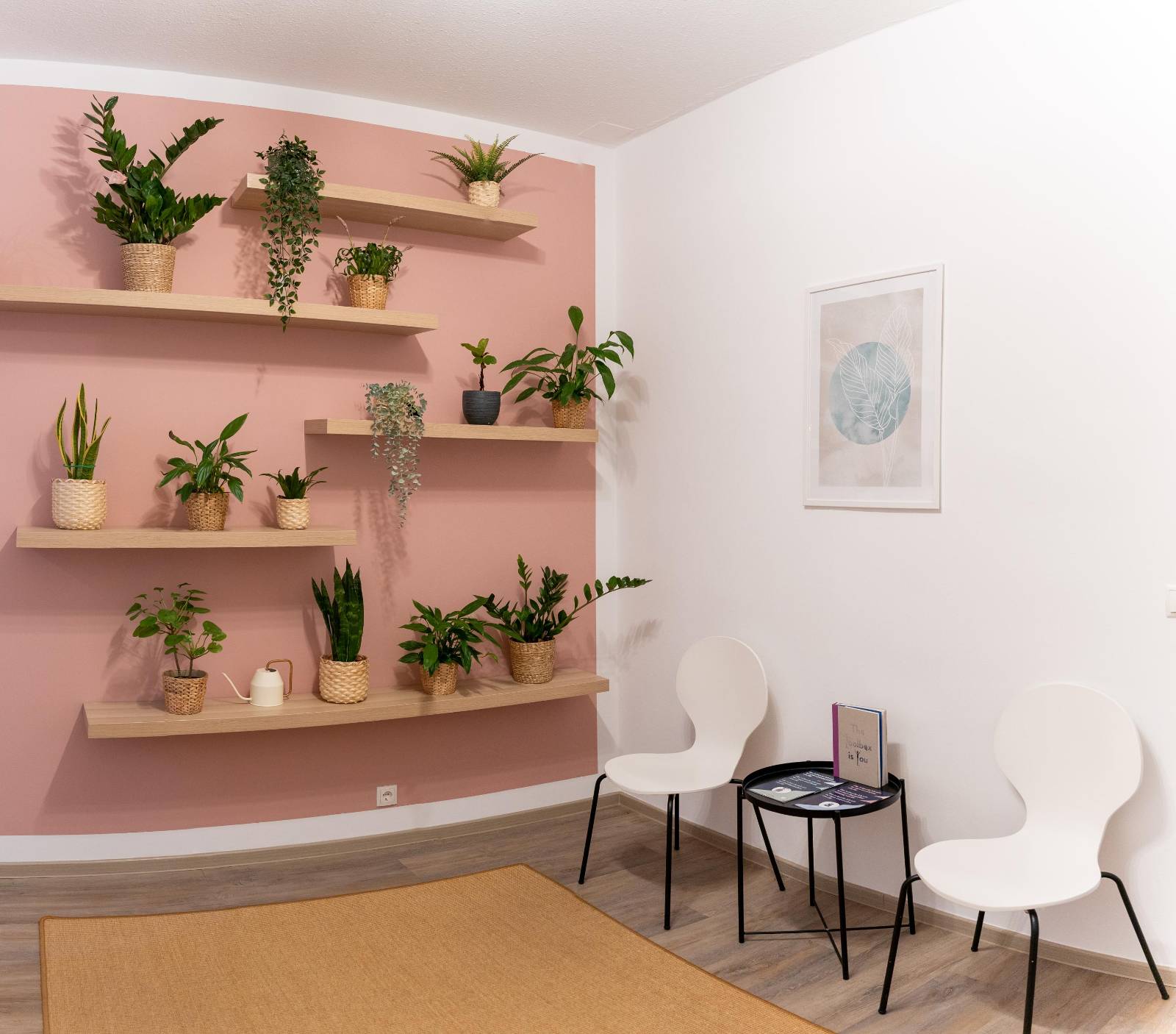 Warteraum der Praxis Lustkandlgasse mit zwei weißen Stühlen rechts, dazwischen ein metallener Beistelltisch, dahinter eine weiße Wand mit einem blau-grauem Bild, links davon eine fleischfarbene bzw. rosa Wand mit 5 hölzernen Regalböden versetzt, darauf kleine Grünpflanzen in kleinen Körben, am Boden Liegt ein mittelbrauner, dicker Teppich